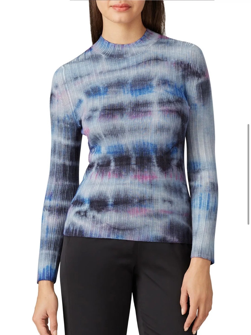Ribbed Ply-Knit Tie-Dye Mock Neck Top - Blue/Purple